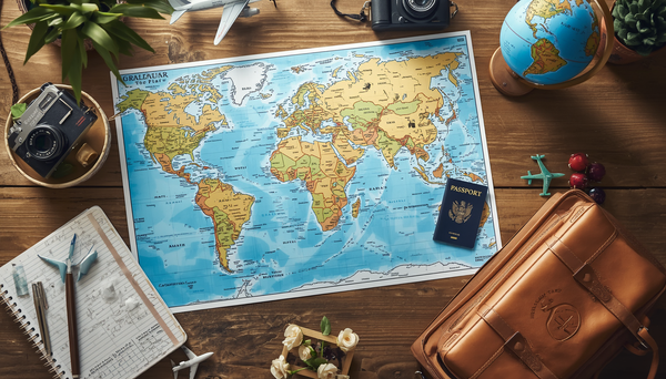 A world map, a journal, a globe, a camera and a briefcase spread out on a wooden table