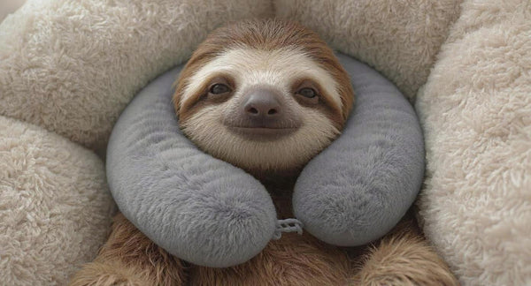 A sloth lying on a cuddly blanket wearing a grey neck pillow
