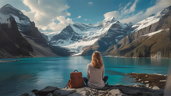 Woman sitting on the edge of a beautiful mountain lake with her backpack