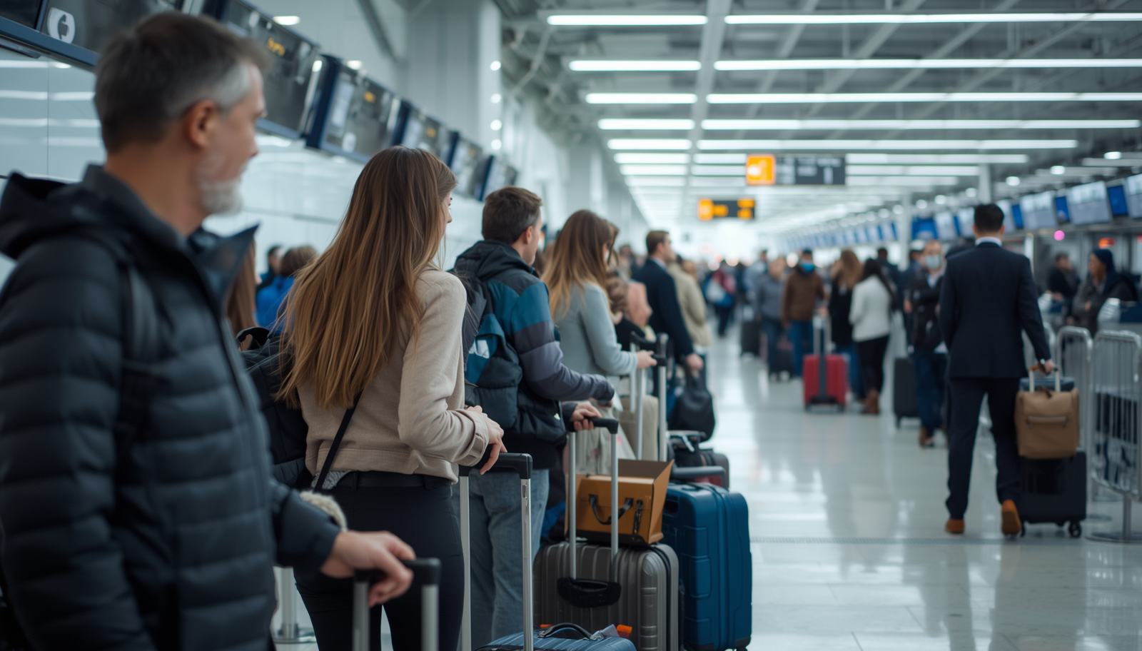 Travellers with suitcases standing in line at the check-in at the airport