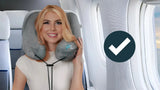 A woman wearing a FLOWZOOM neck pillow sitting on a plane