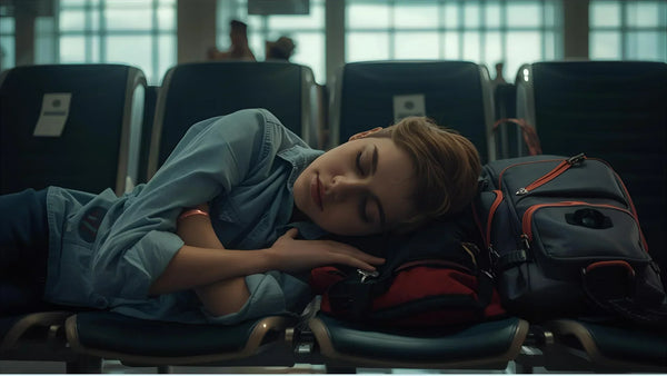 A woman lying down on the chairs at the airport with her head resting on her backpack