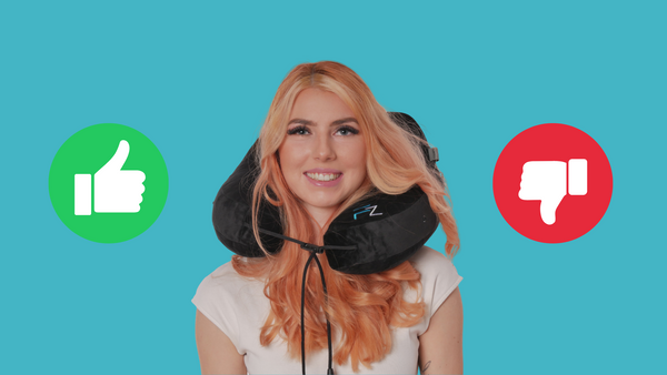 A woman wearing a FLOWZOOM neck pillow with a thumbs up and a thumbs down on either side of her