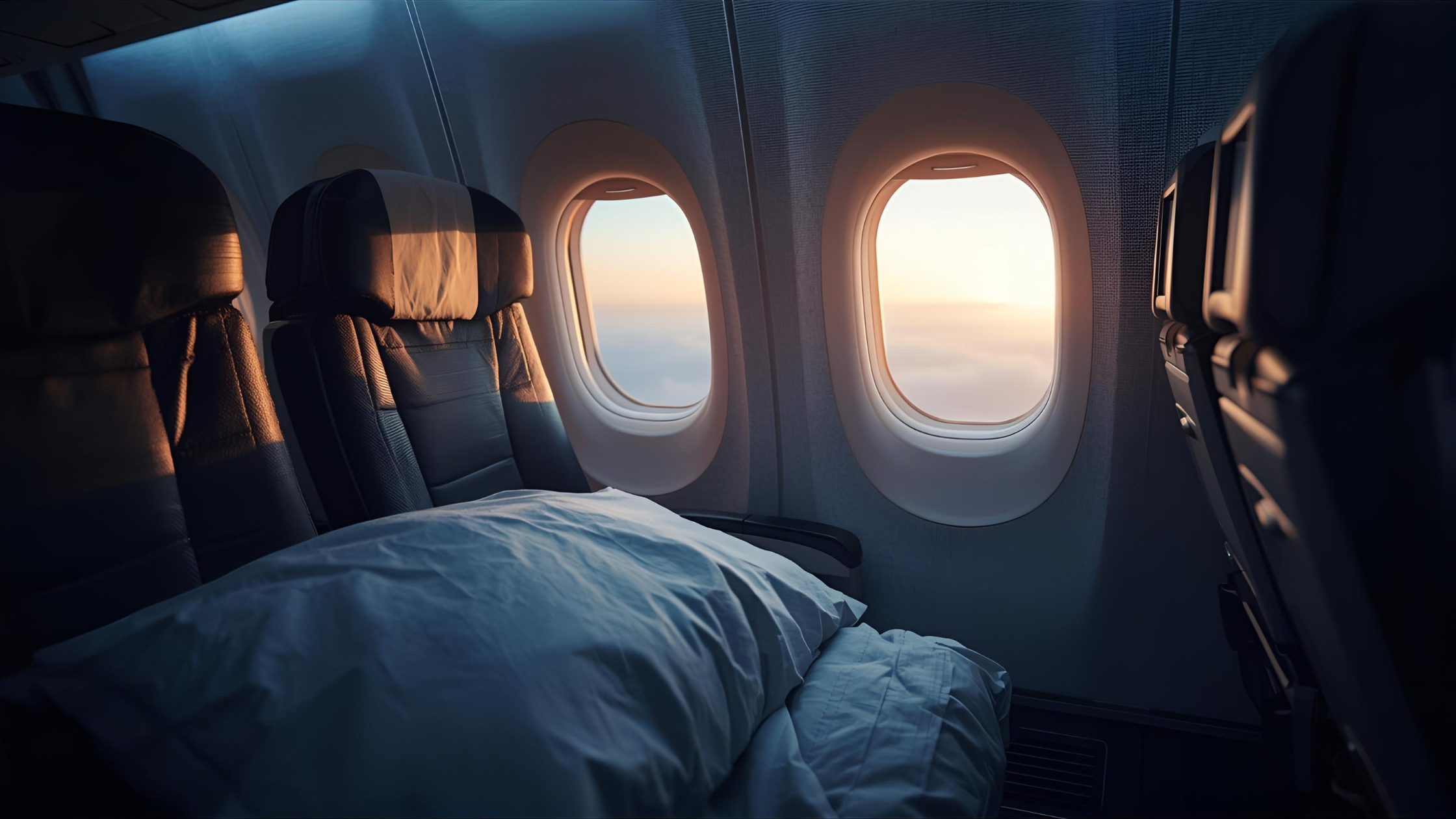 Two seats on the airplane with a pillow and a view out of the window onto the clouds