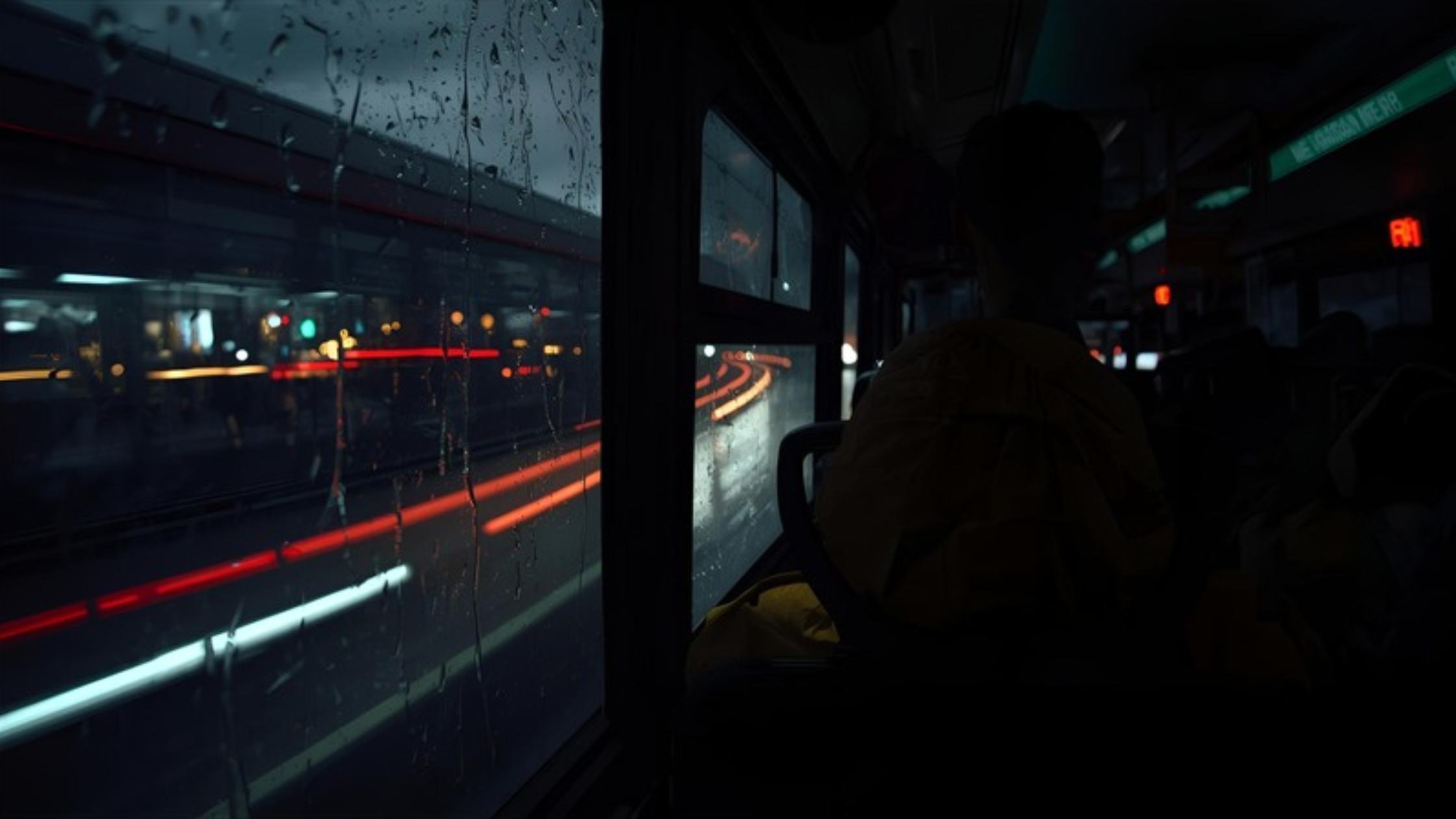 A bus in the dark with other cars driving past